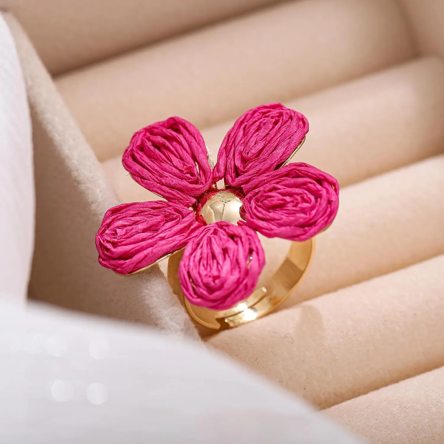 Women's Raffia Flower Ring, Handmade Adjustable Spring Summer Jewelry
