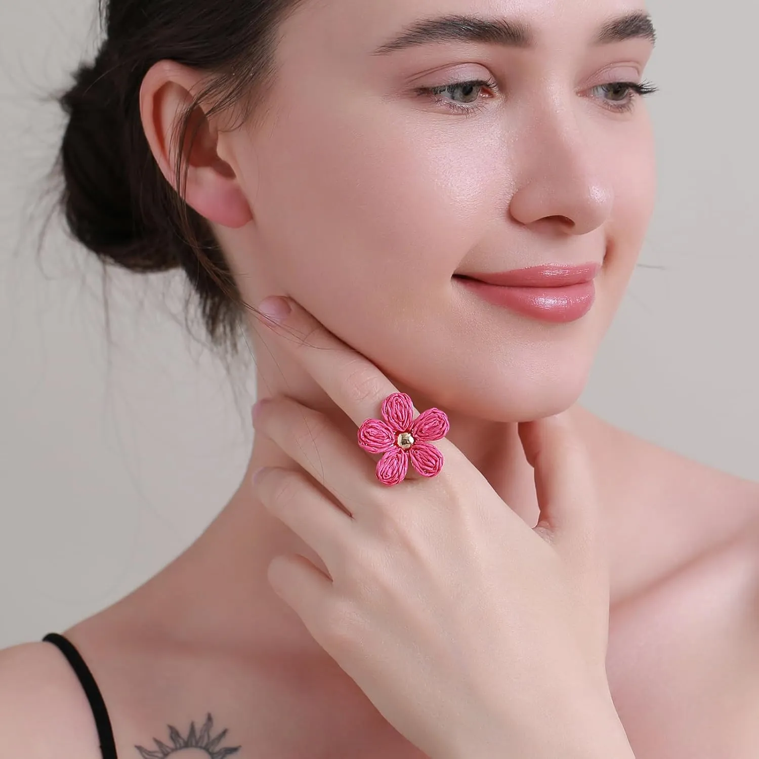 Women's Raffia Flower Ring, Handmade Adjustable Spring Summer Jewelry