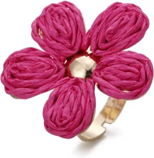 Women's Raffia Flower Ring, Handmade Adjustable Spring Summer Jewelry