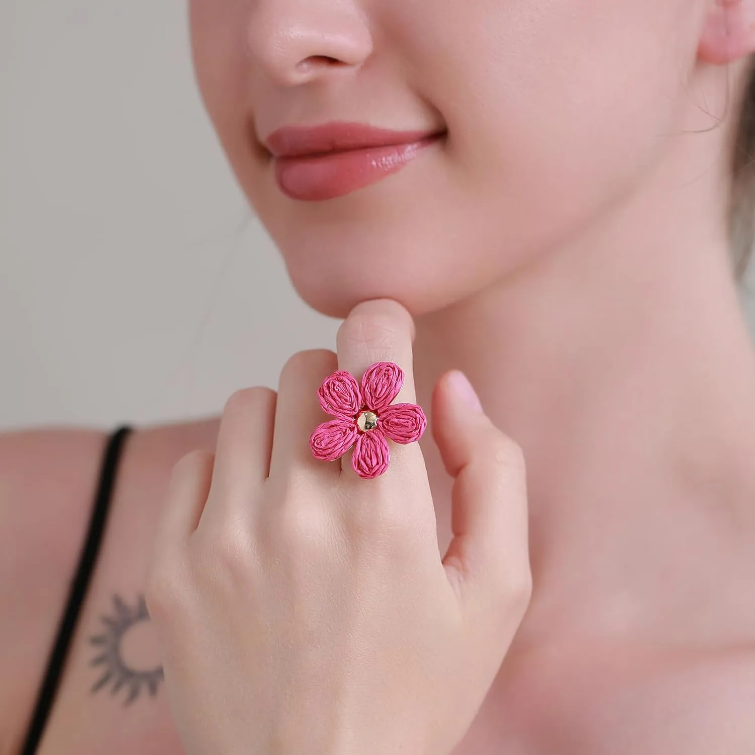 Women's Raffia Flower Ring, Handmade Adjustable Spring Summer Jewelry