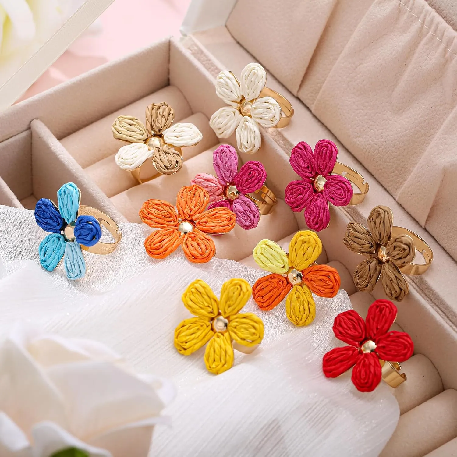 Women's Raffia Flower Ring, Handmade Adjustable Spring Summer Jewelry