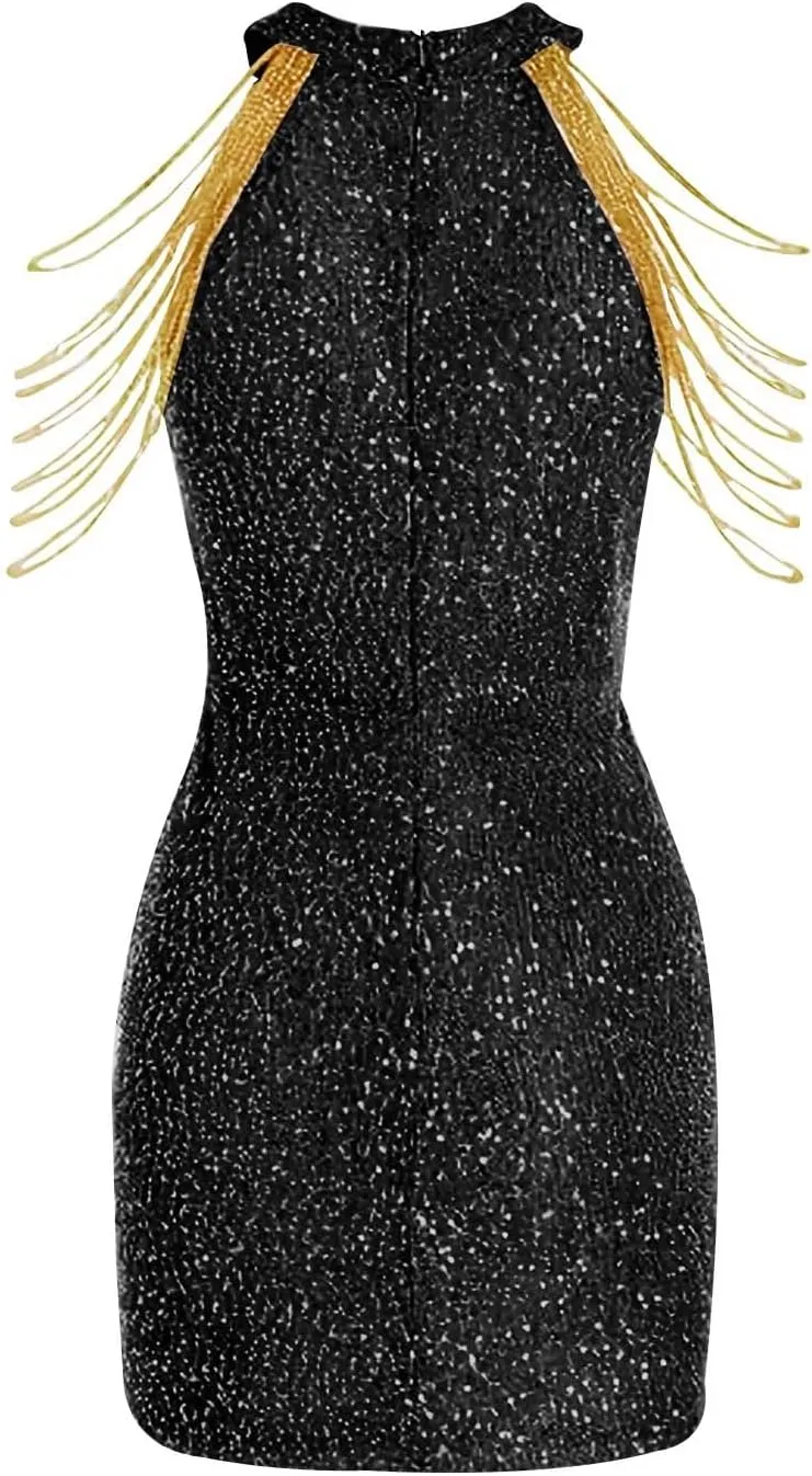 Womens Sequin Dress Hot Drilling Tassel Mini Dress Cocktail Party Dress Sexy Club Night Dress Wrap Hip Dresses