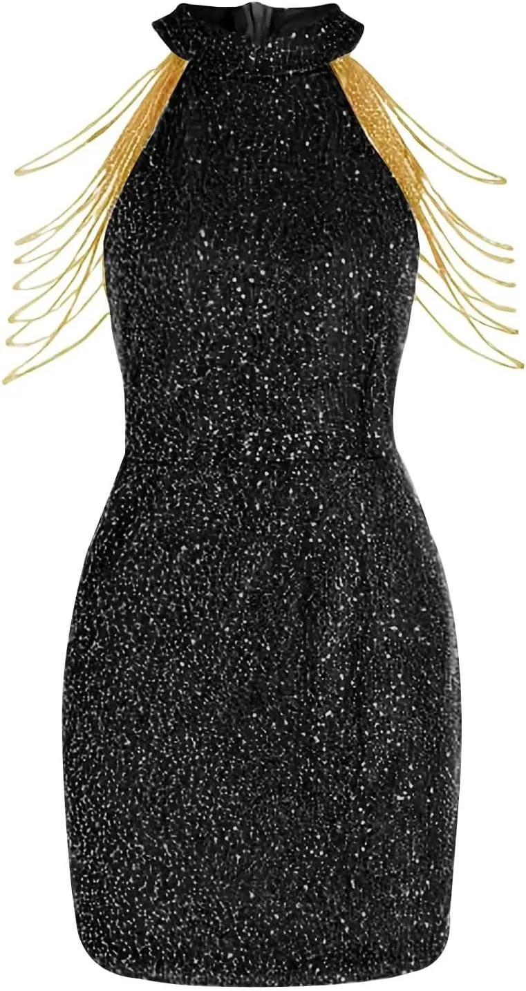Womens Sequin Dress Hot Drilling Tassel Mini Dress Cocktail Party Dress Sexy Club Night Dress Wrap Hip Dresses