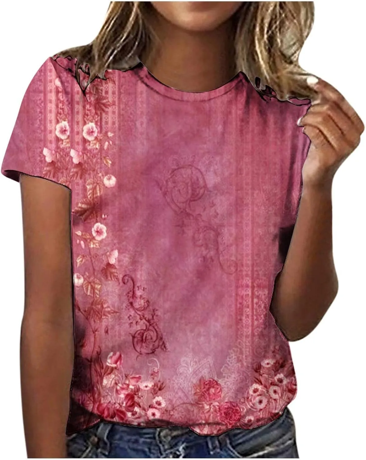Womens Short Sleeve Tops Casual Fashion Blouse Tees Round Neck Printed Pullover 2025 Summer Plus Size T Shirt