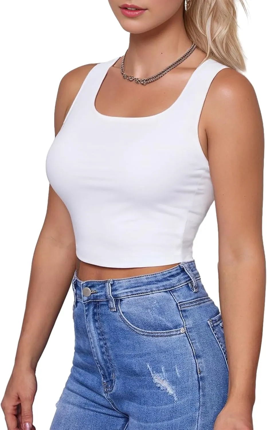 Womens Sleeveless Tank Top Square Neck Double Layer Workout Fitness Casual Basic Crop Top 2XL White