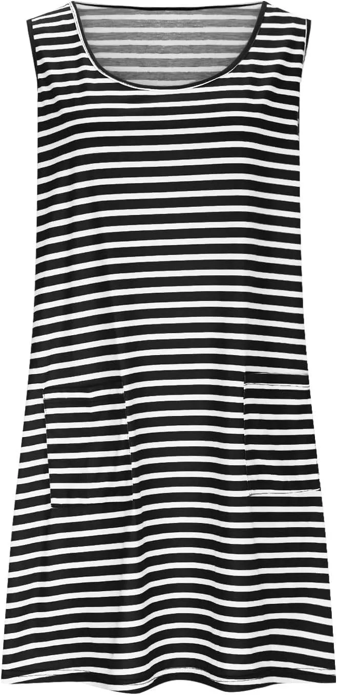 Womens Striped Summer Dress Sleeveless Tank Mini Dress Casual Sundresses with Pockets Beach Vacation Oufits