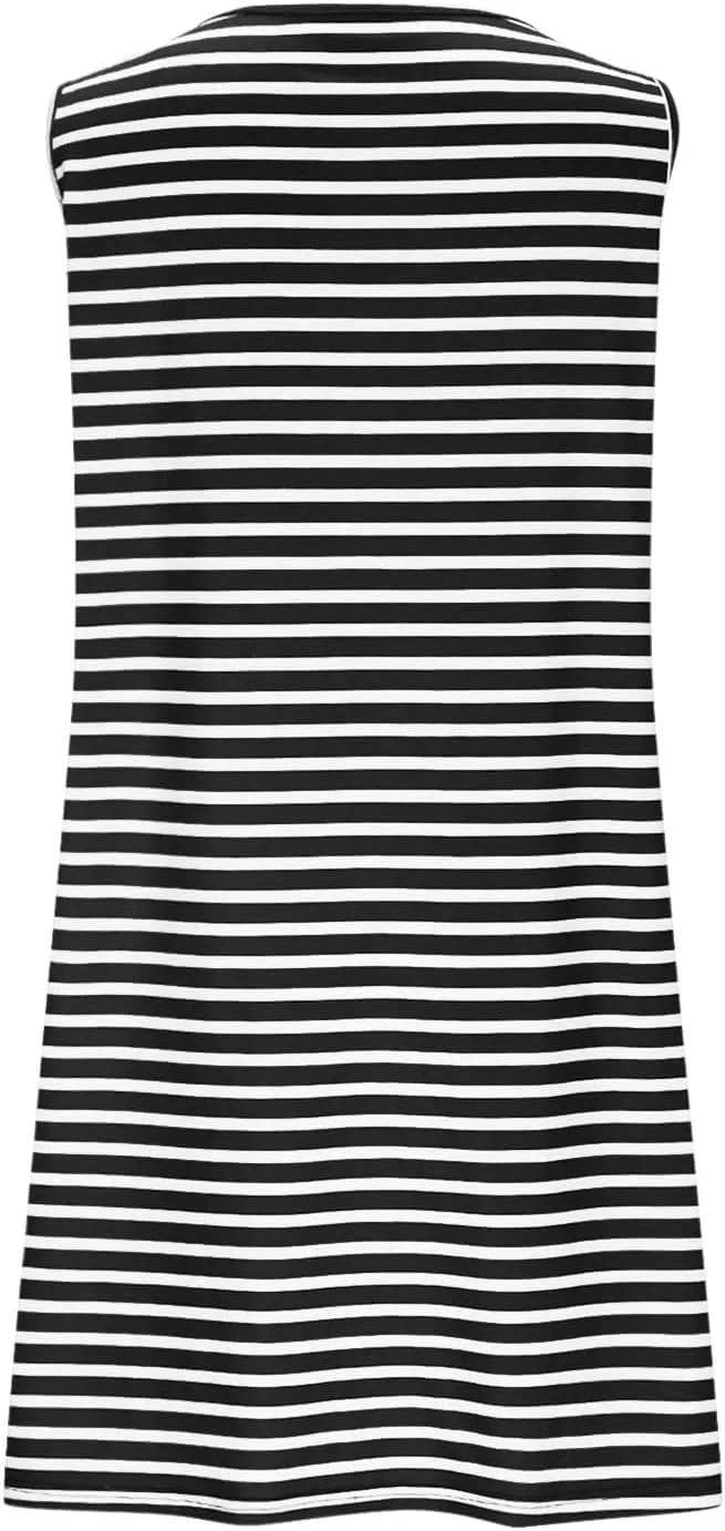 Womens Striped Summer Dress Sleeveless Tank Mini Dress Casual Sundresses with Pockets Beach Vacation Oufits