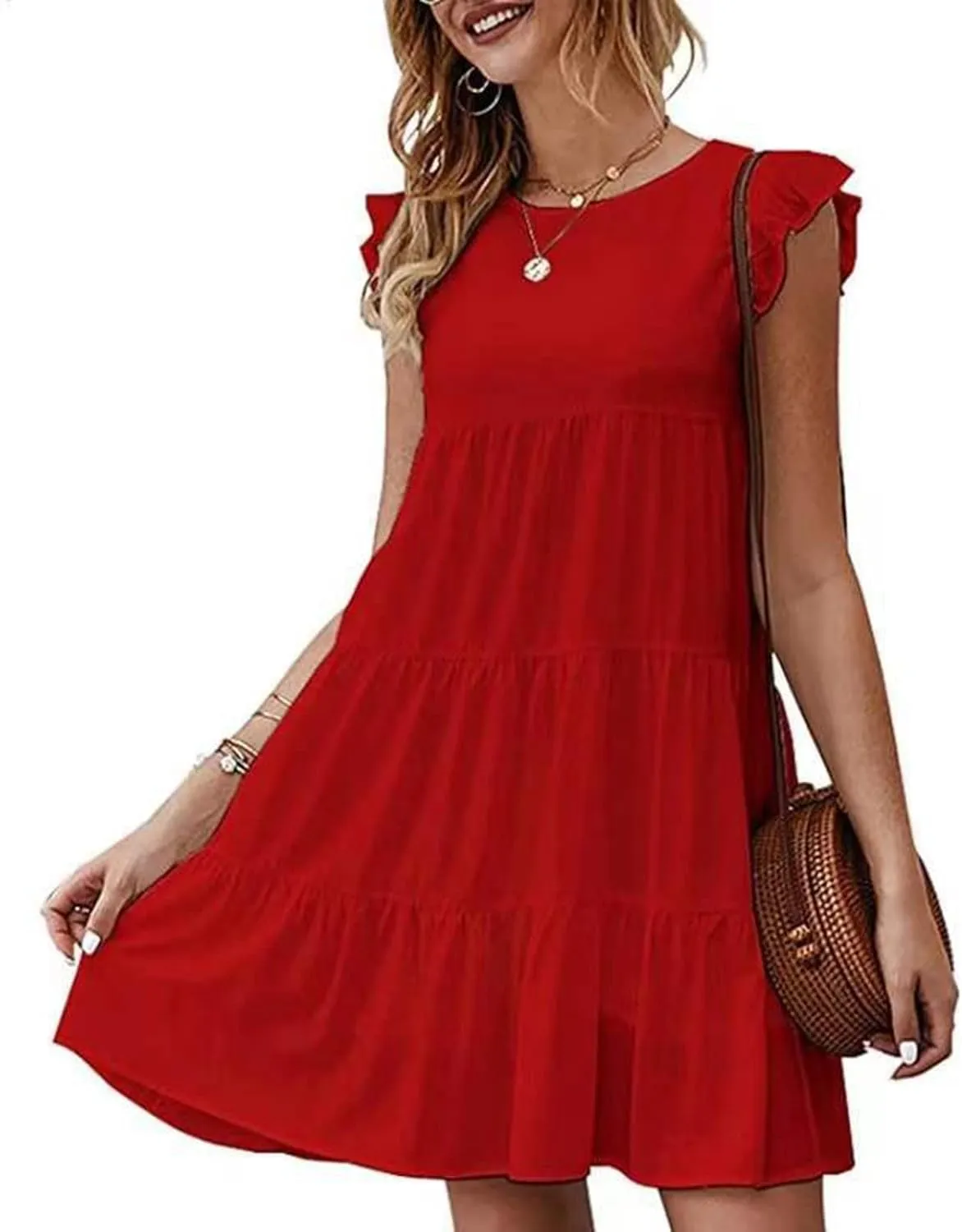 Womens Summer Ruffle Cap Sleeve T Shirt Dress Layers Crewneck Mini Dresses Casual Flowy Tiered Boho Beach Sundress
