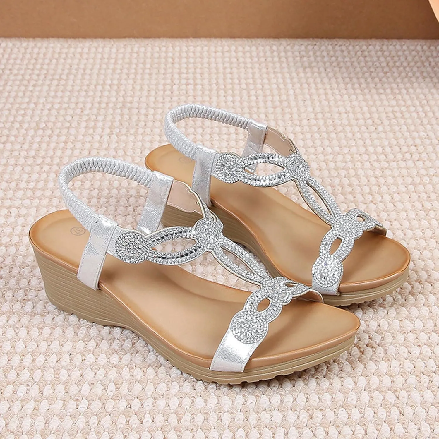 Women's Wedge Sandals Summer Comfortable Casual Bohemian Beach Rhinestone Platform Shoes Flower Low Heel Dressy Elastic Ankle Strap Bohemia with Arch Support Slip On Open Toe Shoe