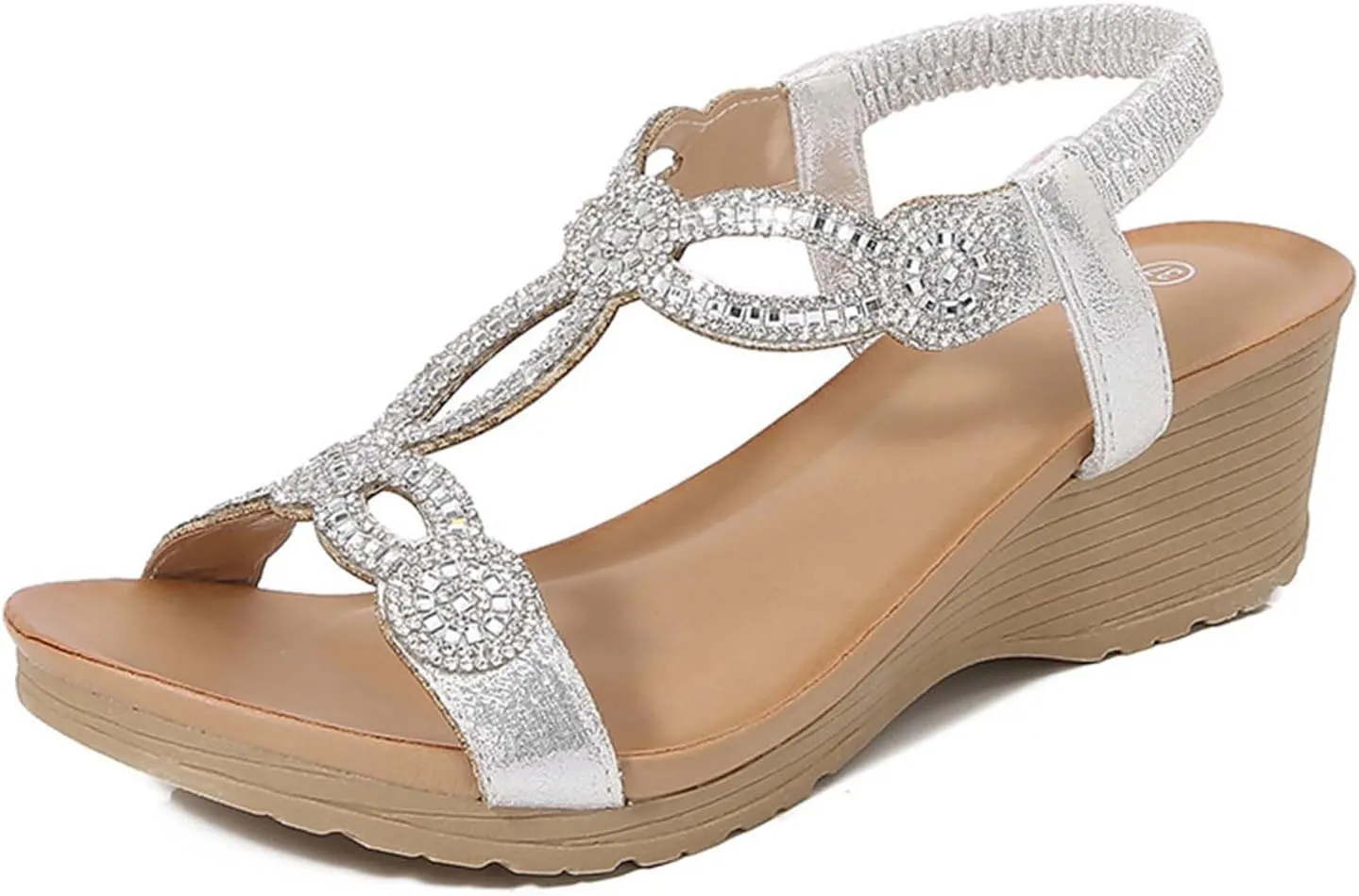 Women's Wedge Sandals Summer Comfortable Casual Bohemian Beach Rhinestone Platform Shoes Flower Low Heel Dressy Elastic Ankle Strap Bohemia with Arch Support Slip On Open Toe Shoe