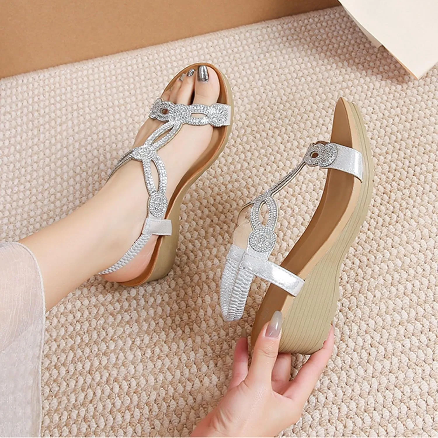 Women's Wedge Sandals Summer Comfortable Casual Bohemian Beach Rhinestone Platform Shoes Flower Low Heel Dressy Elastic Ankle Strap Bohemia with Arch Support Slip On Open Toe Shoe