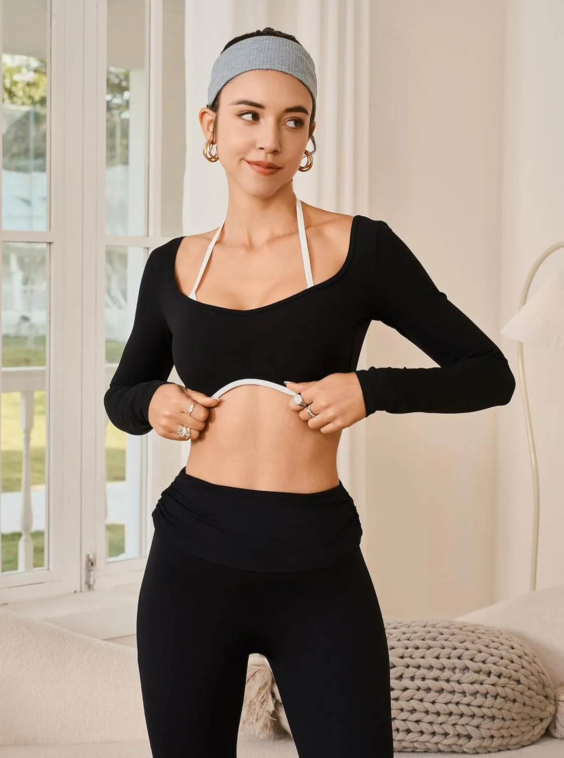 Women's Workout Crop Tops Halter Long Sleeve Backless Padded Sports Bra Gym Yoga Top T Shirts
