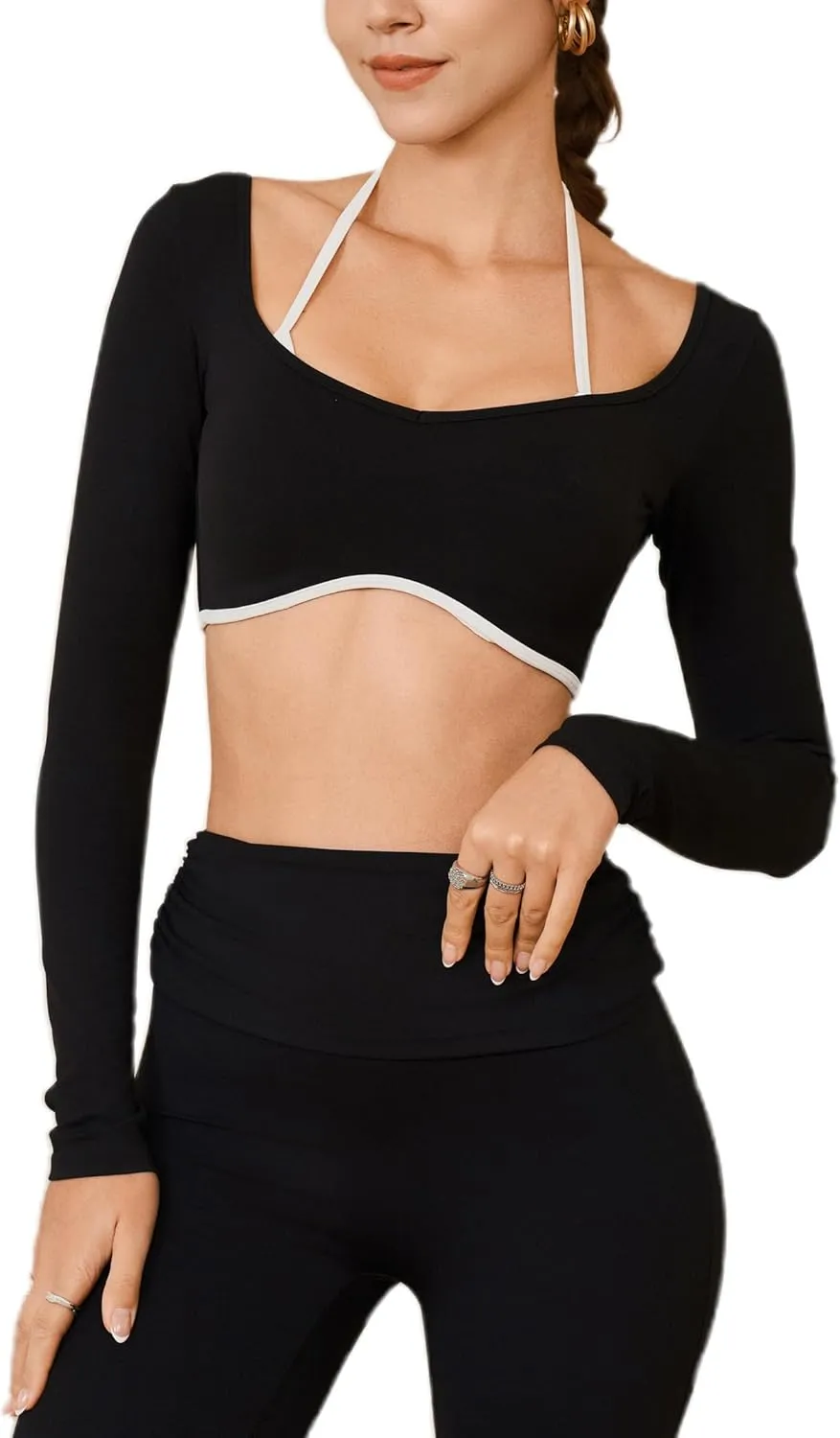 Women's Workout Crop Tops Halter Long Sleeve Backless Padded Sports Bra Gym Yoga Top T Shirts