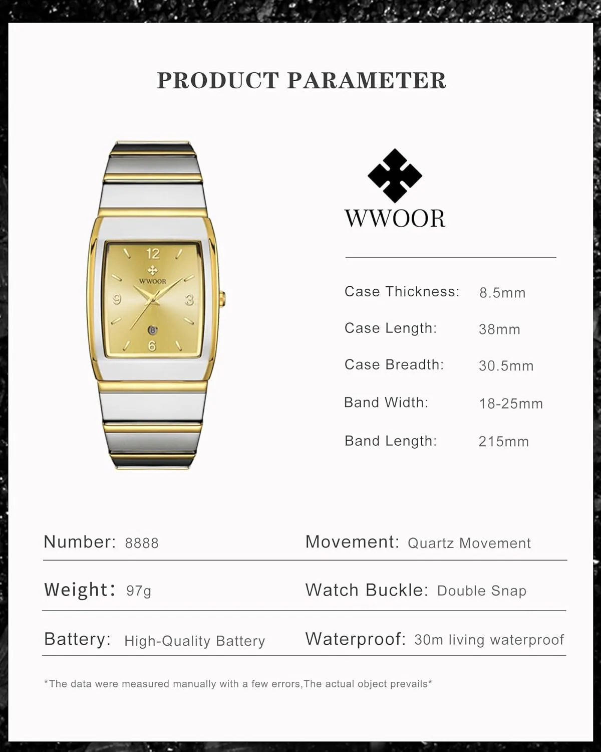 WWOOR Square Watch for Men and Women - Stainless Steel With Date - Casual Men's Watches