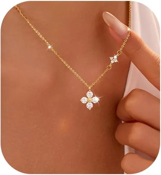 XAYAH 925 Sterling Silver Dainty Lucky CZ Leaf Necklace for Women Mom 14k Gold Plated White Flowers Elegant Pendant Necklace to Daughter Minimalist Stackable Chain Wedding Birth Graduation Jewelry