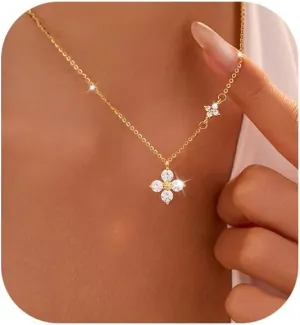 XAYAH 925 Sterling Silver Dainty Lucky CZ Leaf Necklace for Women Mom 14k Gold Plated White Flowers Elegant Pendant Necklace to Daughter Minimalist Stackable Chain Wedding Birth Graduation Jewelry