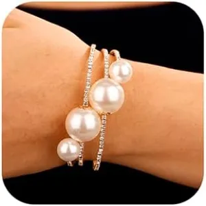 Xerling Big Pearl Bracelets Multi Layered Gold Rhinestones Hand Bracelets for Women Dainty Crystal Hand Jewelry for Wedding Bridal Statement Hand Chain Bracelets (Type B-Gold)