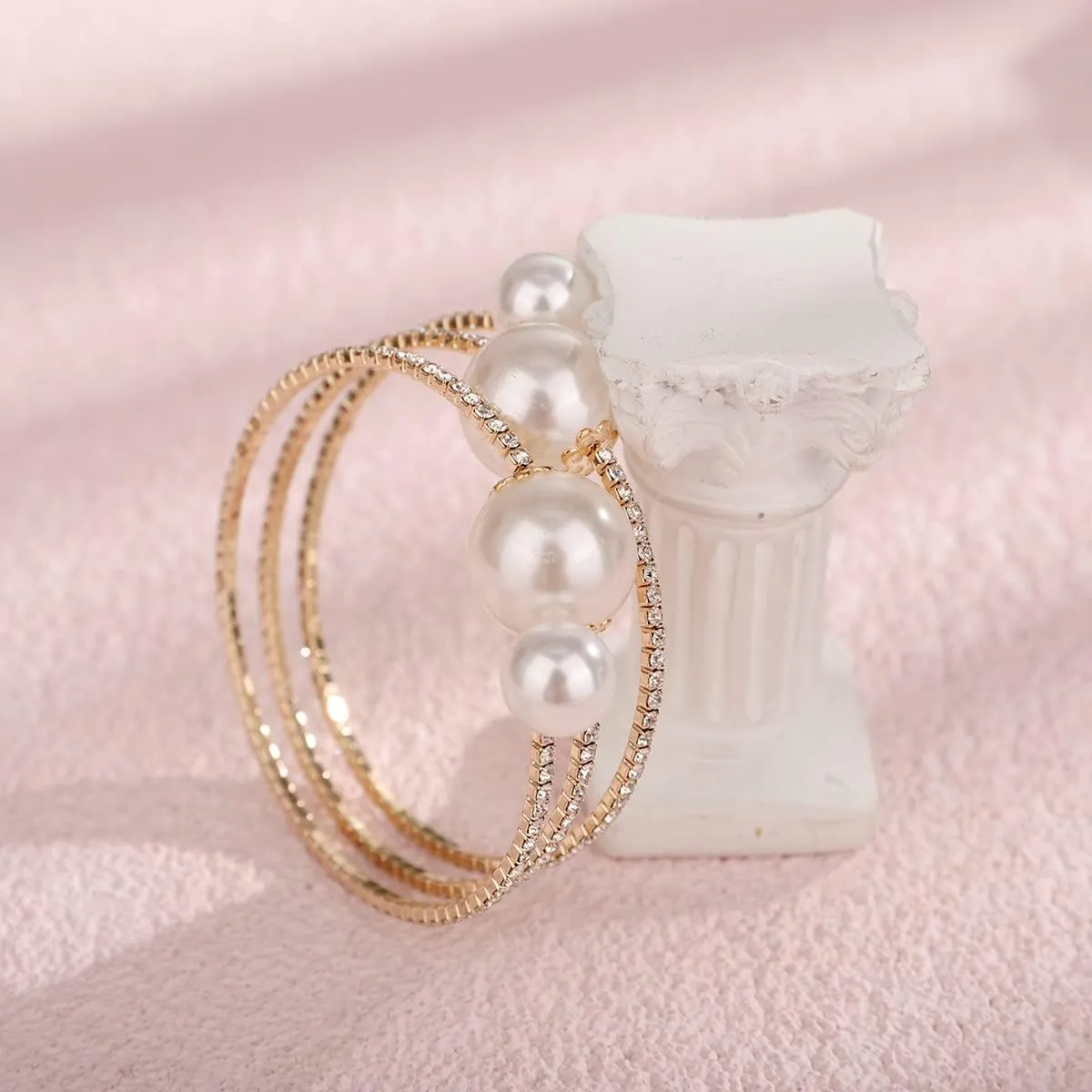 Xerling Big Pearl Bracelets Multi Layered Gold Rhinestones Hand Bracelets for Women Dainty Crystal Hand Jewelry for Wedding Bridal Statement Hand Chain Bracelets (Type B-Gold)