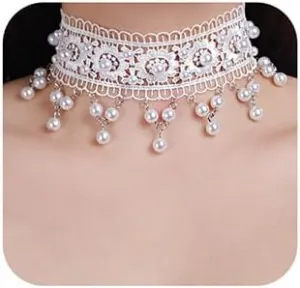 Xerling Elegant White Lace Choker Necklace Vintage Pearl Necklaces Gothic Victorian Lolita Costume Jewelry Necklaces for Women Flower Lace Choker for Bridal Wedding (Type A)
