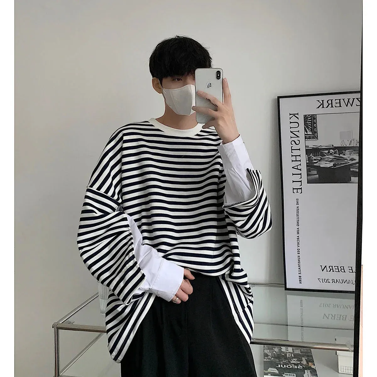 xiangtuibao Men's High-quality Cotton Striped Hoodies Printing Oversized Sweatshirts Round Neck Casual Pullover Loose Long Sleeves Coat