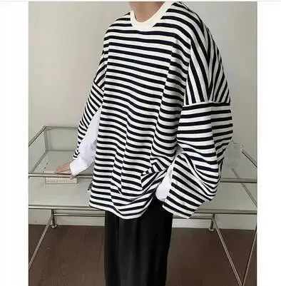 xiangtuibao Men's High-quality Cotton Striped Hoodies Printing Oversized Sweatshirts Round Neck Casual Pullover Loose Long Sleeves Coat