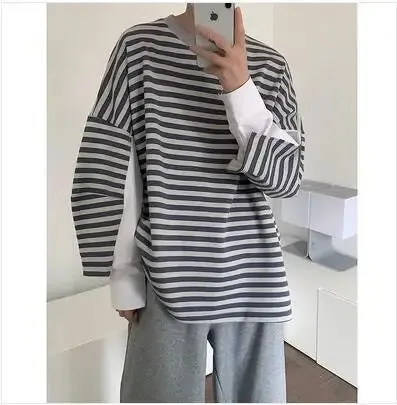 xiangtuibao Men's High-quality Cotton Striped Hoodies Printing Oversized Sweatshirts Round Neck Casual Pullover Loose Long Sleeves Coat