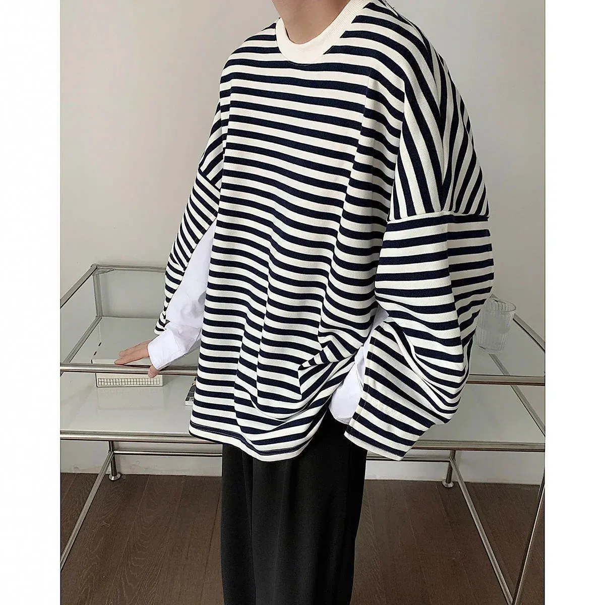 xiangtuibao Men's High-quality Cotton Striped Hoodies Printing Oversized Sweatshirts Round Neck Casual Pullover Loose Long Sleeves Coat