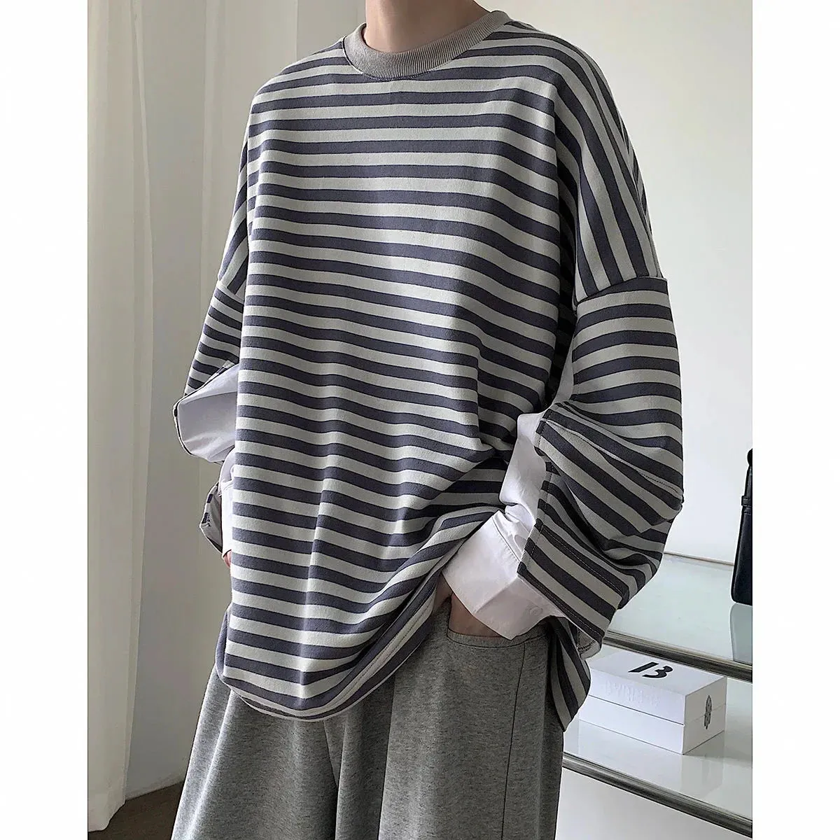 xiangtuibao Men's High-quality Cotton Striped Hoodies Printing Oversized Sweatshirts Round Neck Casual Pullover Loose Long Sleeves Coat