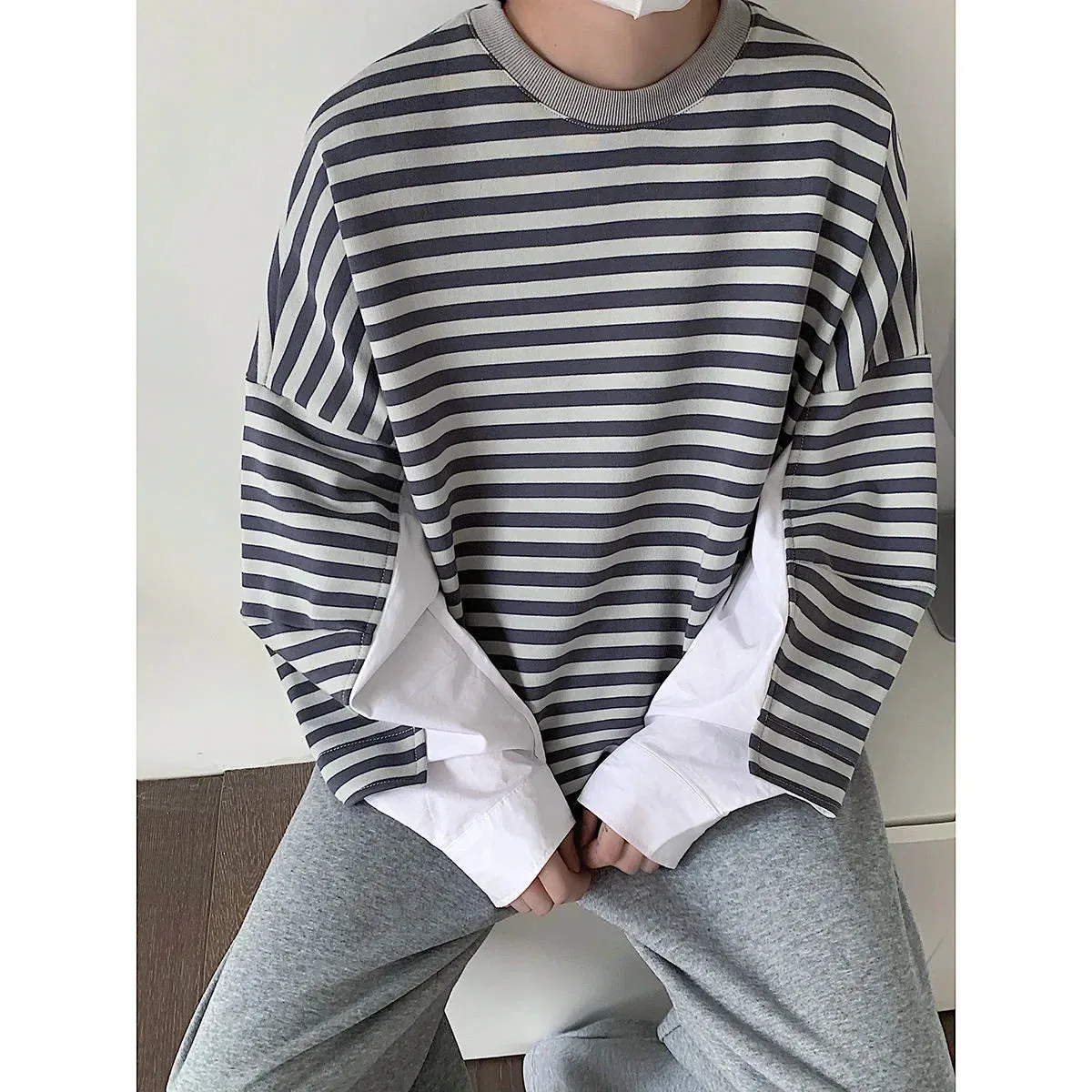 xiangtuibao Men's High-quality Cotton Striped Hoodies Printing Oversized Sweatshirts Round Neck Casual Pullover Loose Long Sleeves Coat
