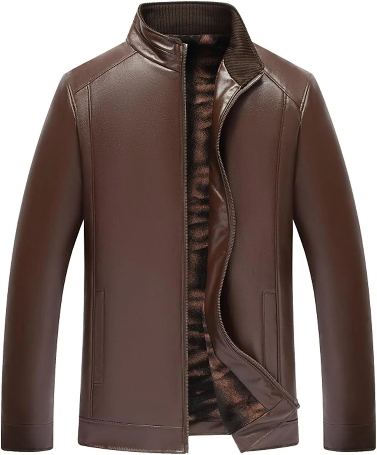 XUNRYAN Men Sherpa Faux-Leather Jacket Winter Warm Coat Aviator Bomber Jackets Motorcycle Zip-Up Slim Fit Biker Coat Outwear