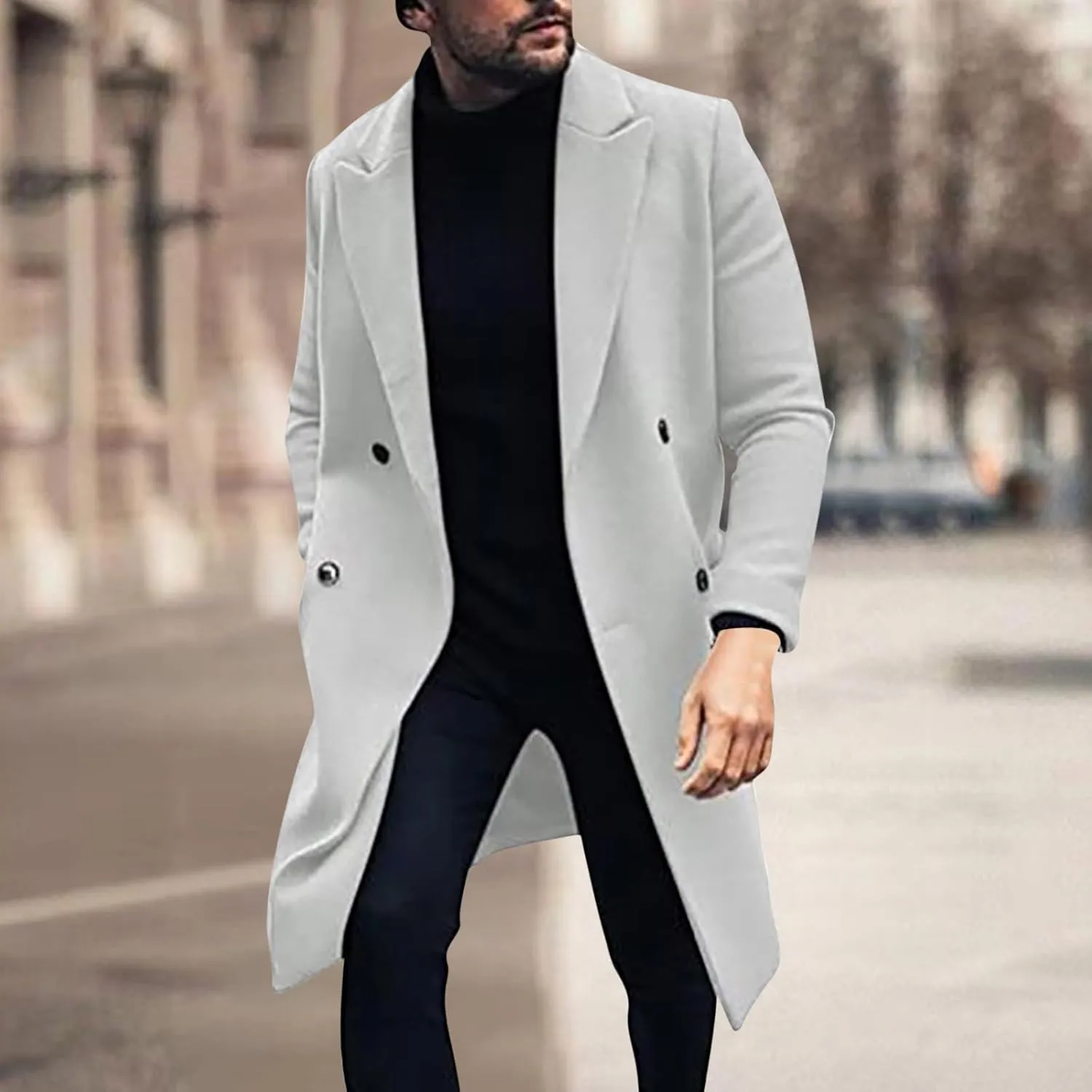XUNRYAN Men's Notch Lapel Double Breasted Long Trench Coat Casual Wool-Cotton-Blend Peacoat Winter Warm Jackets Overcoat