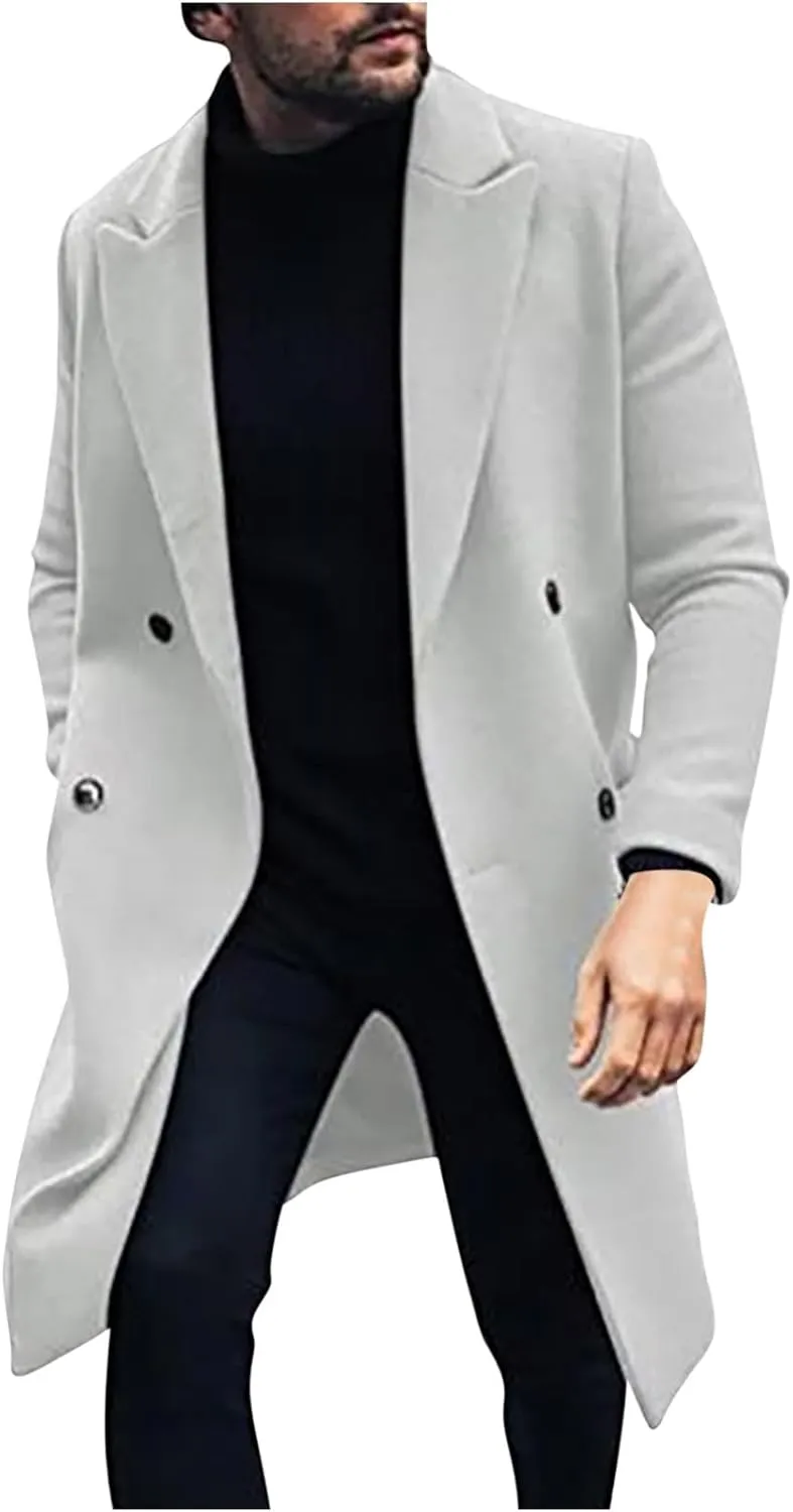 XUNRYAN Men's Notch Lapel Double Breasted Long Trench Coat Casual Wool-Cotton-Blend Peacoat Winter Warm Jackets Overcoat