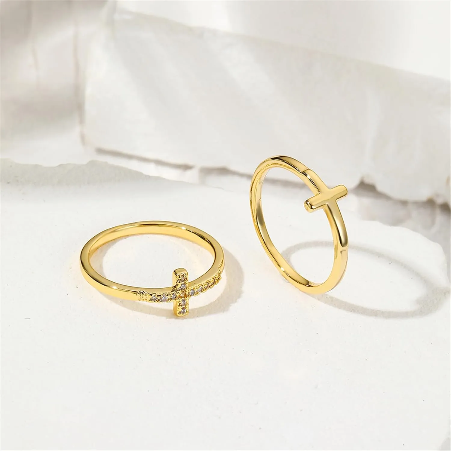 YBMYCM Cross Gold Rings, Dainty Stackable Ring Set 18k Gold Plated Thin Crystal Cross Finger Rings for Women Statement Rings Wedding Bands Rings Size 6-10