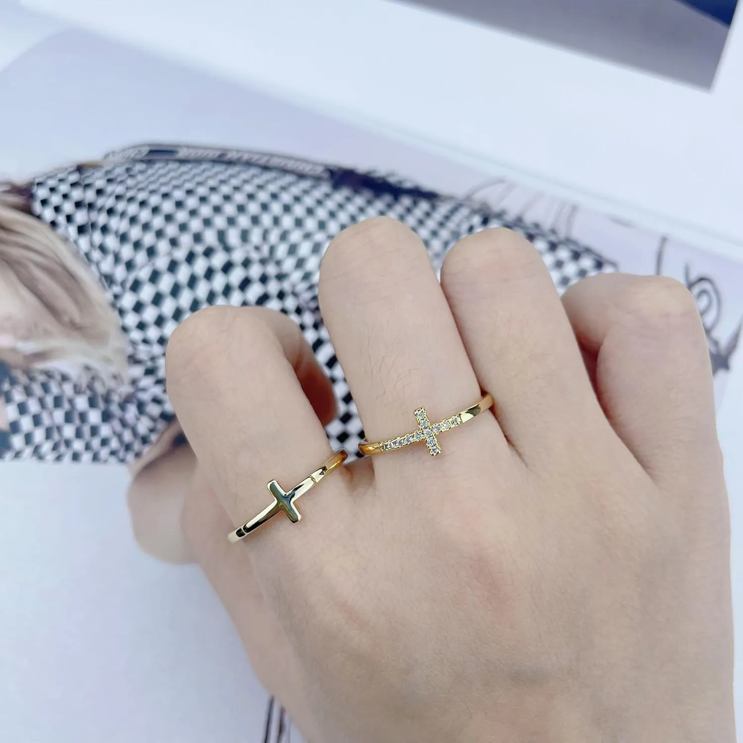 YBMYCM Cross Gold Rings, Dainty Stackable Ring Set 18k Gold Plated Thin Crystal Cross Finger Rings for Women Statement Rings Wedding Bands Rings Size 6-10