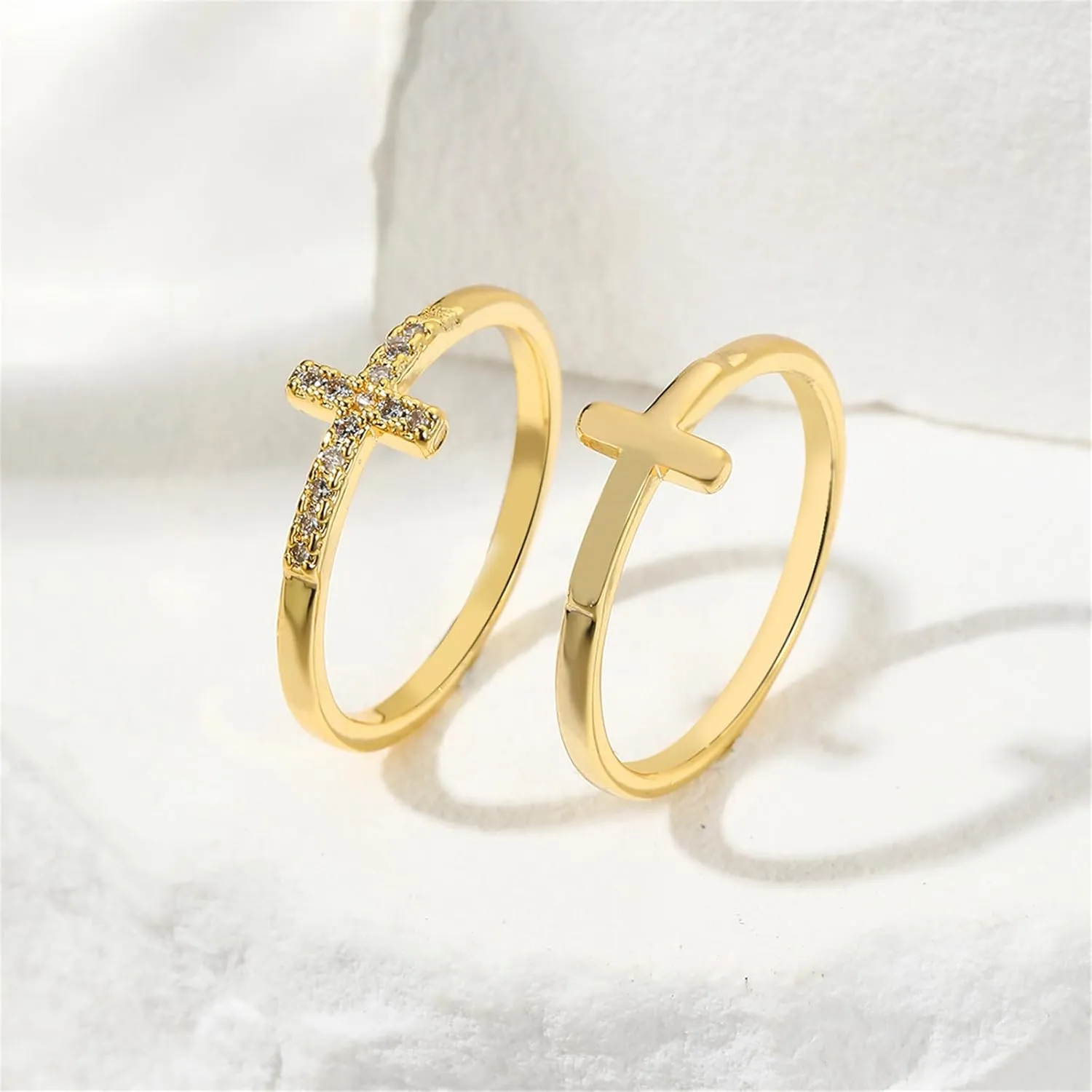 YBMYCM Cross Gold Rings, Dainty Stackable Ring Set 18k Gold Plated Thin Crystal Cross Finger Rings for Women Statement Rings Wedding Bands Rings Size 6-10