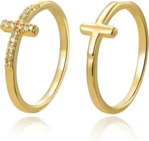 YBMYCM Cross Gold Rings, Dainty Stackable Ring Set 18k Gold Plated Thin Crystal Cross Finger Rings for Women Statement Rings Wedding Bands Rings Size 6-10