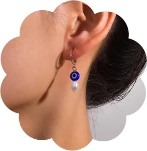 YienDoo Boho Tiny Pearl Drop Earrings Vintage Blue Devil Eye Dangle Earrings Statement Imitation Pearls Eye Huggie Earrings Ethnic Eye Dangle Earrings Jewelry for Women