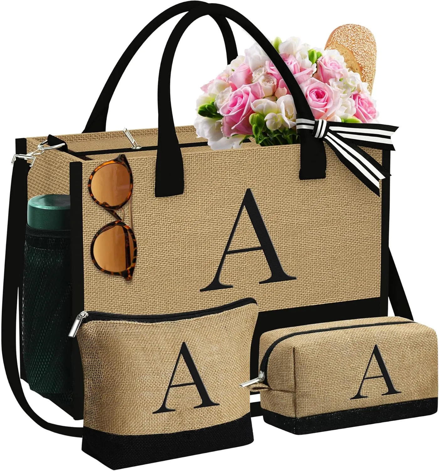 YOOLIFE Gifts for Women - Initial Jute Tote Bag & 2 Makeup Bags Personalized Birthday Gifts for Women Her Teacher Mom Friend