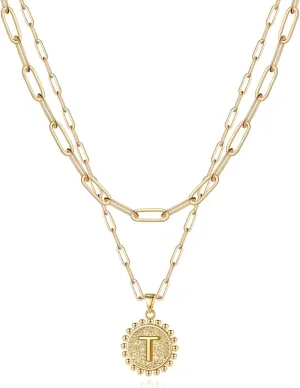 Yoosteel Gold Initial Necklaces for Women, 14K Gold Plated Dainty Layering Paperclip Link Chain Necklace Coin Initial Layered Necklaces for Women Personalized Birthday Gifts