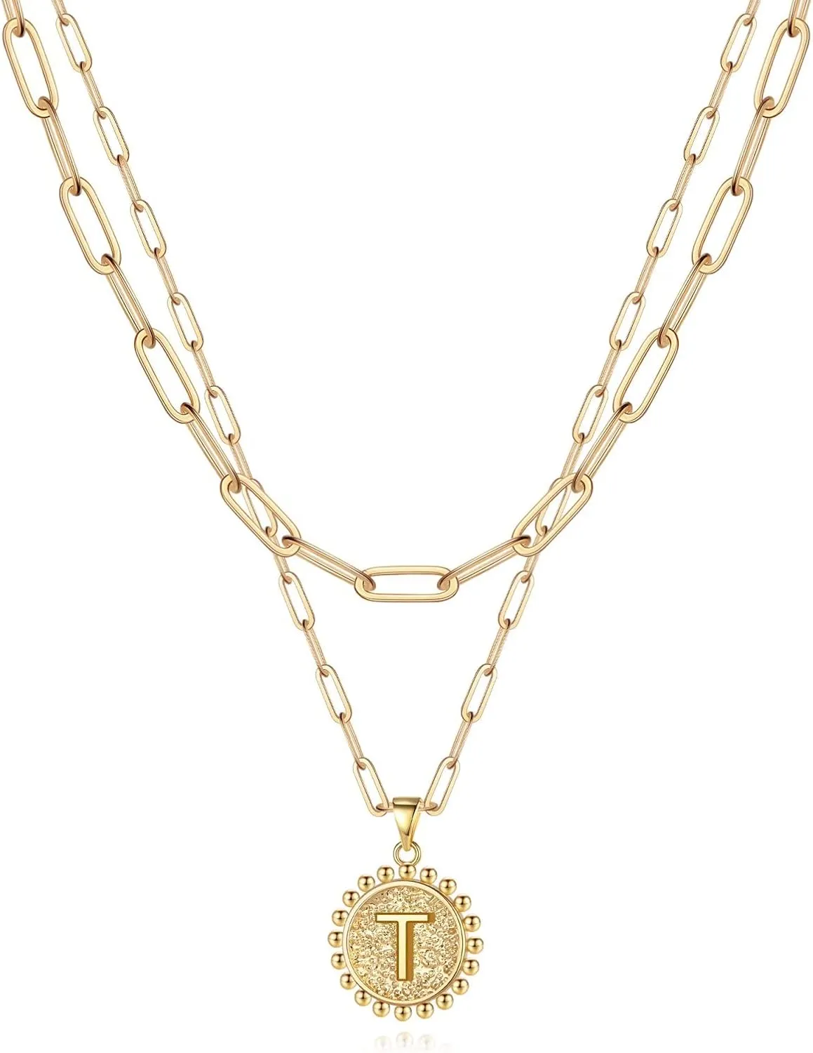 Yoosteel Gold Initial Necklaces for Women, 14K Gold Plated Dainty Layering Paperclip Link Chain Necklace Coin Initial Layered Necklaces for Women Personalized Birthday Gifts