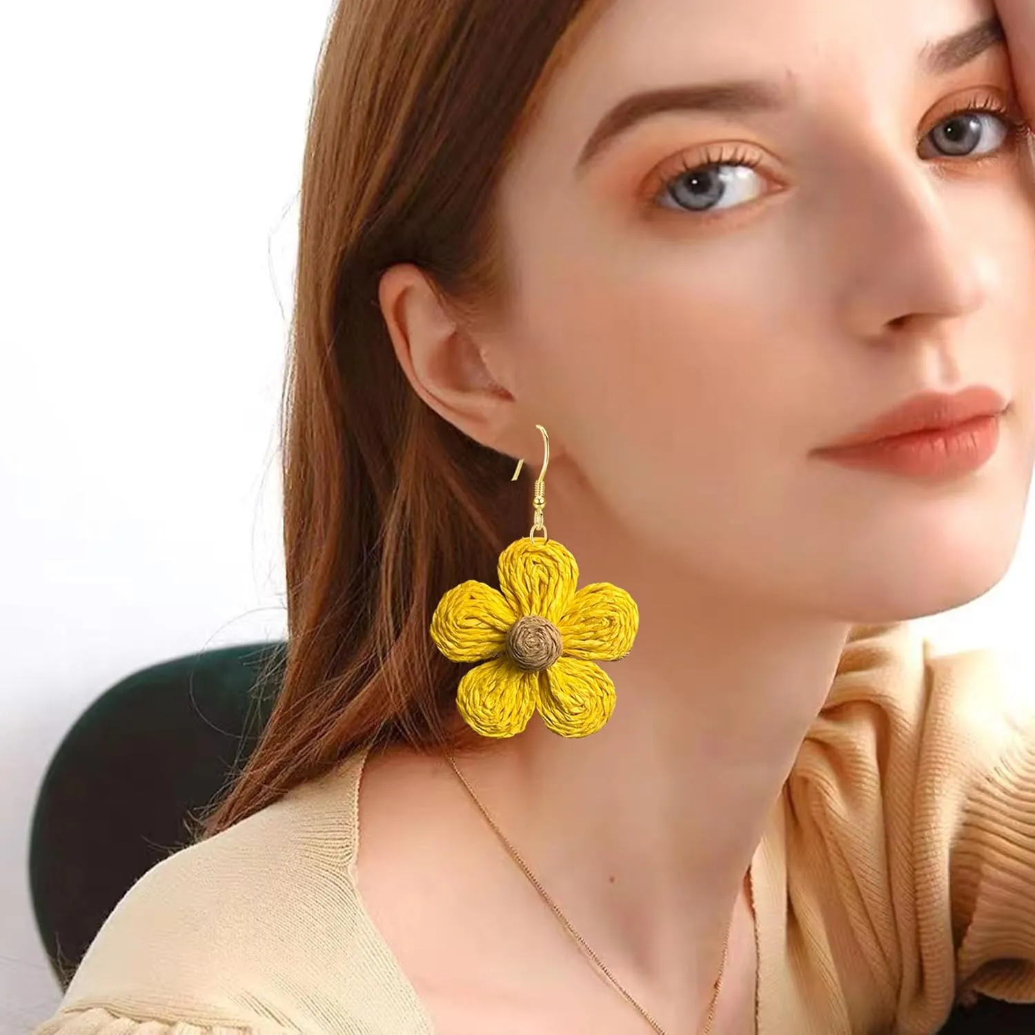 YUNXI Rattan Flower Drop Dangle Earring for Women Boho Colorful Raffia Straw Wicker Statement Earring Handmade Summer Tropical Beach Jewelry