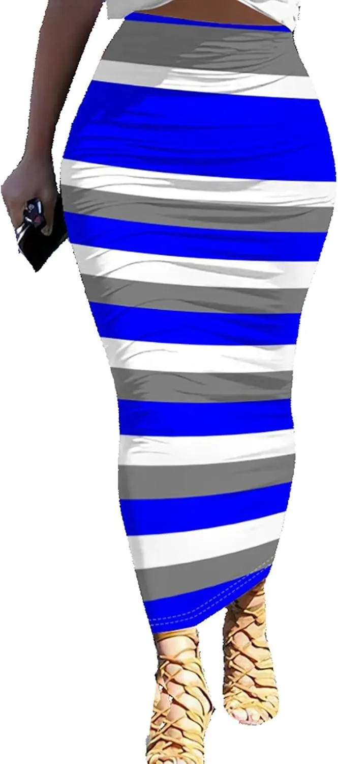 Yuopeid Women's Summer Bodycon Pullover Long Skirts Fashion Striped Printed Slim Fit Cocktail Club Party Midi Skirts