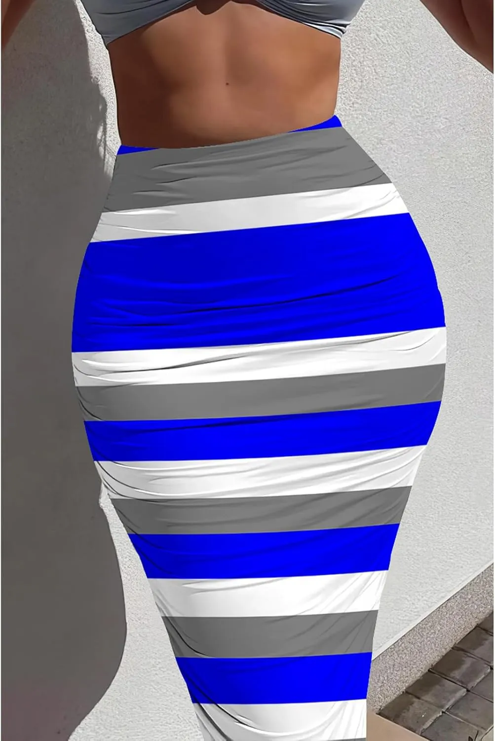 Yuopeid Women's Summer Bodycon Pullover Long Skirts Fashion Striped Printed Slim Fit Cocktail Club Party Midi Skirts