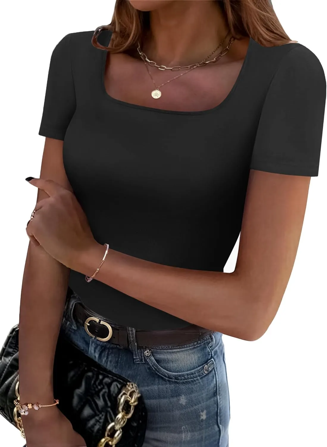 Zeagoo Women's Short Sleeve Square Neck T Shirt Slim Fitted Casual Basic Crop Top Going Out Tops