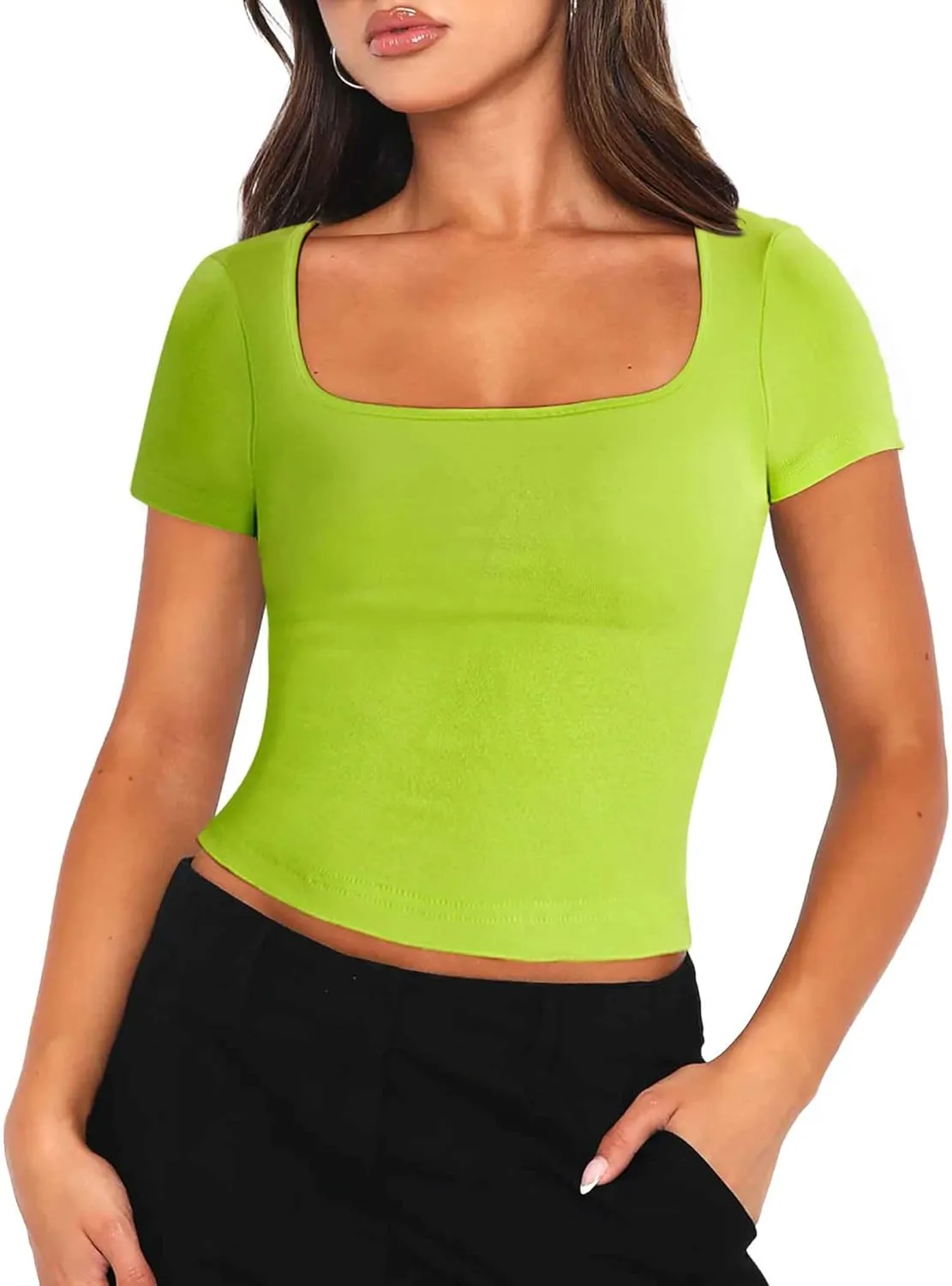 Zeagoo Women's Short Sleeve Square Neck T Shirt Slim Fitted Casual Basic Crop Top Going Out Tops