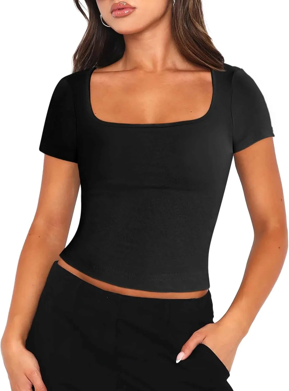 Zeagoo Women's Short Sleeve Square Neck T Shirt Slim Fitted Casual Basic Crop Top Going Out Tops