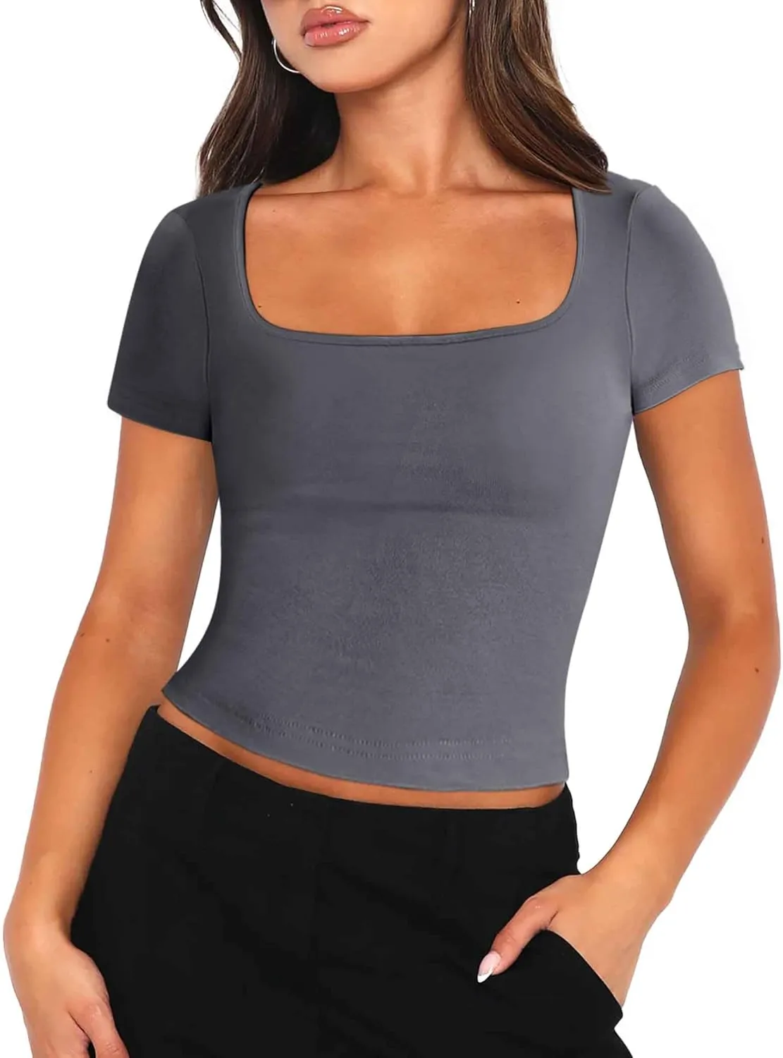 Zeagoo Women's Short Sleeve Square Neck T Shirt Slim Fitted Casual Basic Crop Top Going Out Tops