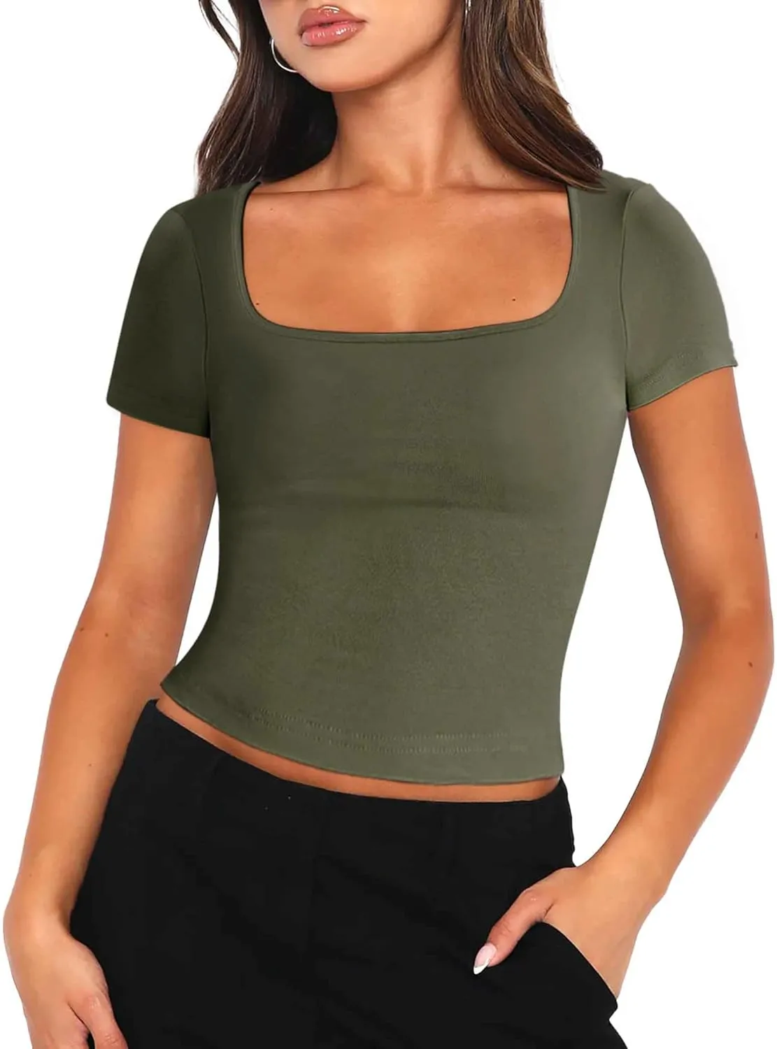 Zeagoo Women's Short Sleeve Square Neck T Shirt Slim Fitted Casual Basic Crop Top Going Out Tops