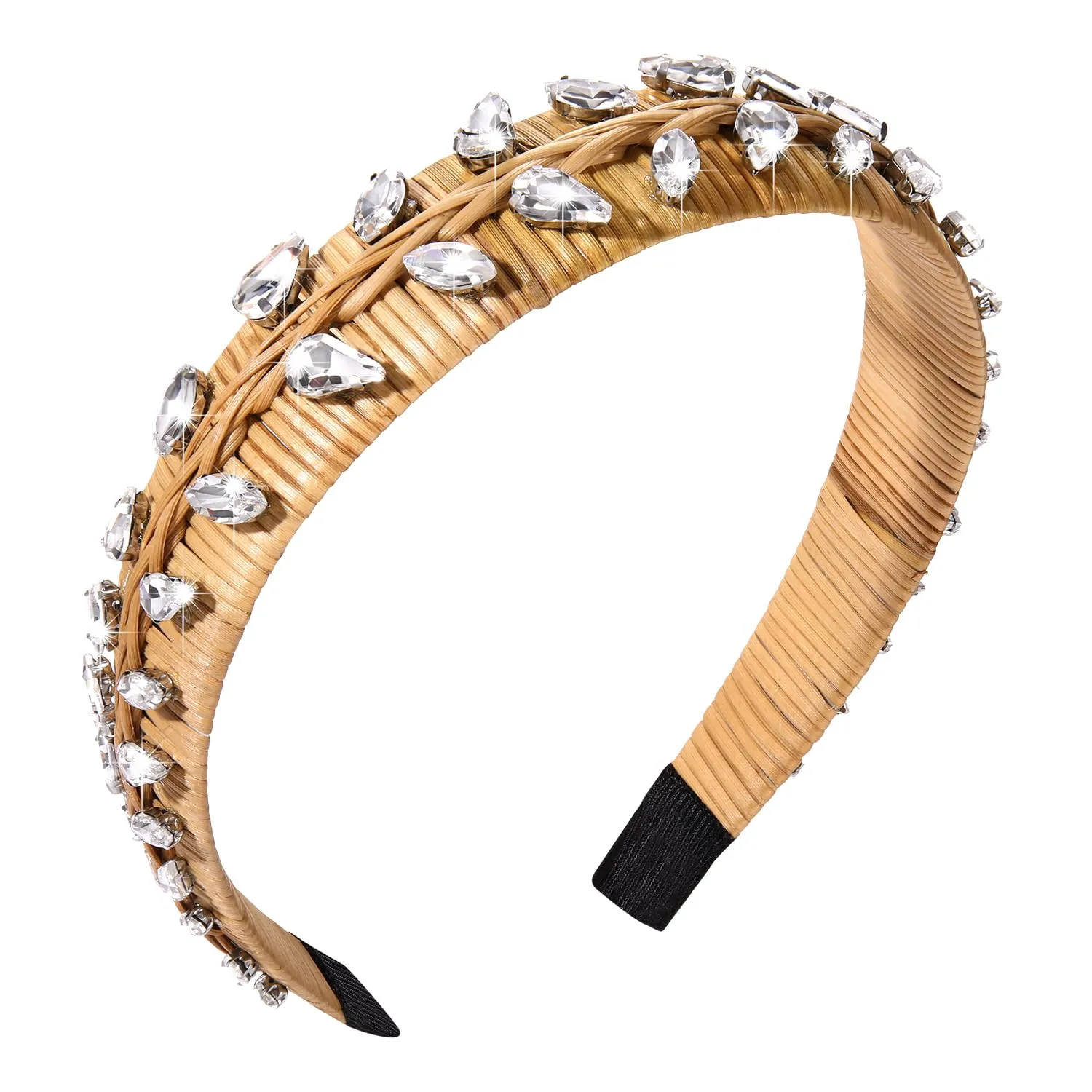 ZITULRY Rhinestone Straw Headbands Crystal Jeweled Embellished Rattan Headband Boho Raffia Wicker Braid Hairband Woven Hair Hoop for Women Girls Summer Beach Holiday Party Hair Accessories