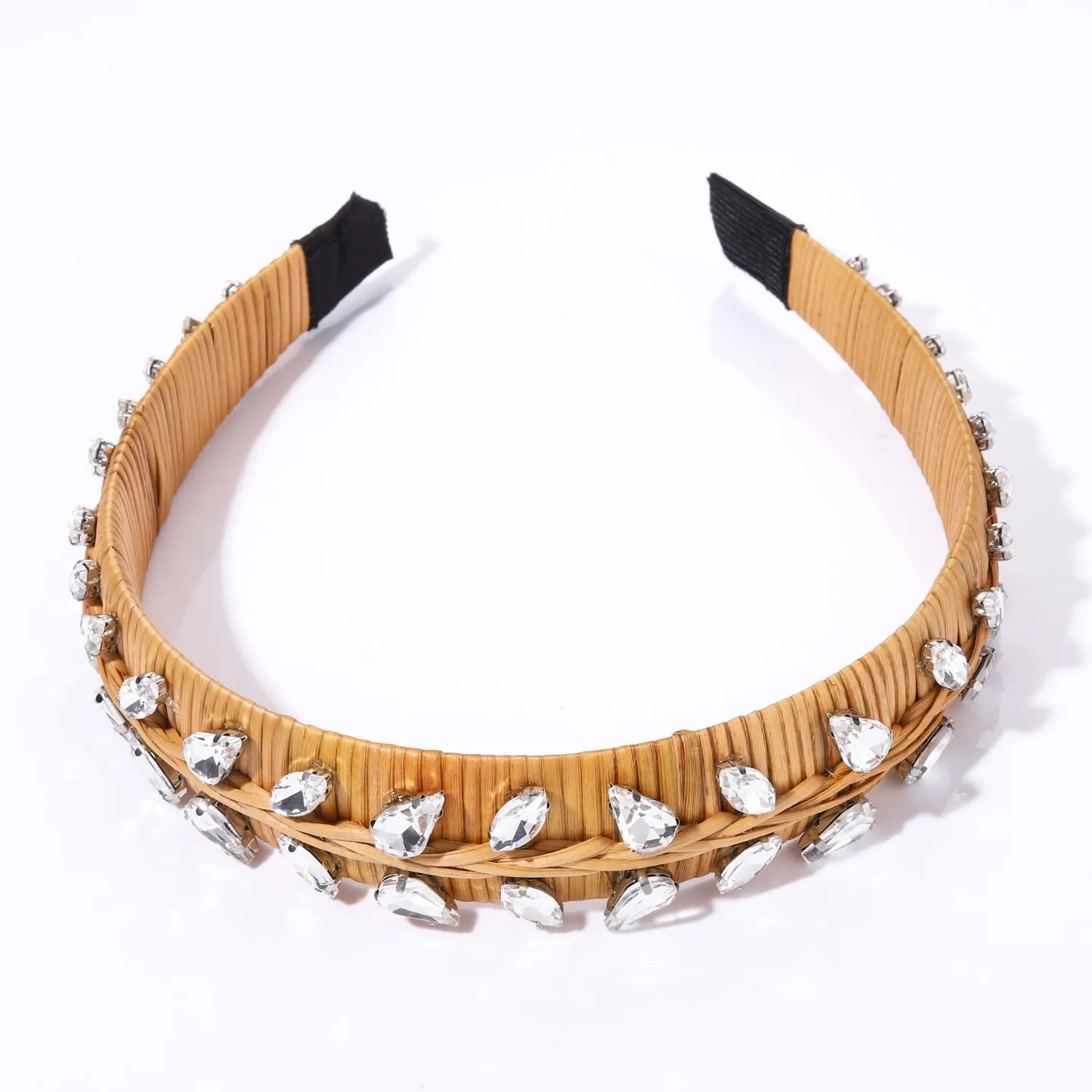 ZITULRY Rhinestone Straw Headbands Crystal Jeweled Embellished Rattan Headband Boho Raffia Wicker Braid Hairband Woven Hair Hoop for Women Girls Summer Beach Holiday Party Hair Accessories